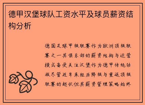 德甲汉堡球队工资水平及球员薪资结构分析