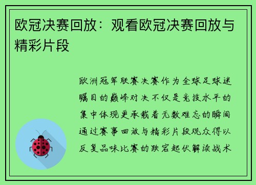 欧冠决赛回放：观看欧冠决赛回放与精彩片段