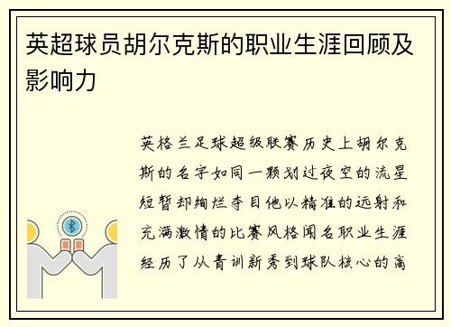英超球员胡尔克斯的职业生涯回顾及影响力